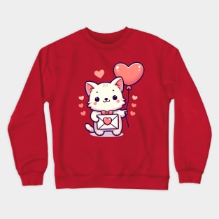 Purrfect Valentine's Day: Cat Delivers Love Letter and Heart Balloon Crewneck Sweatshirt